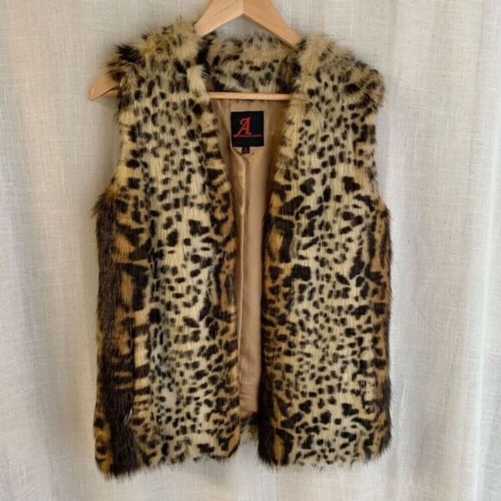 Oversized Faux Fur Soft‎ Animal Print Vest Womens XS Cheetah Adrienne Landau